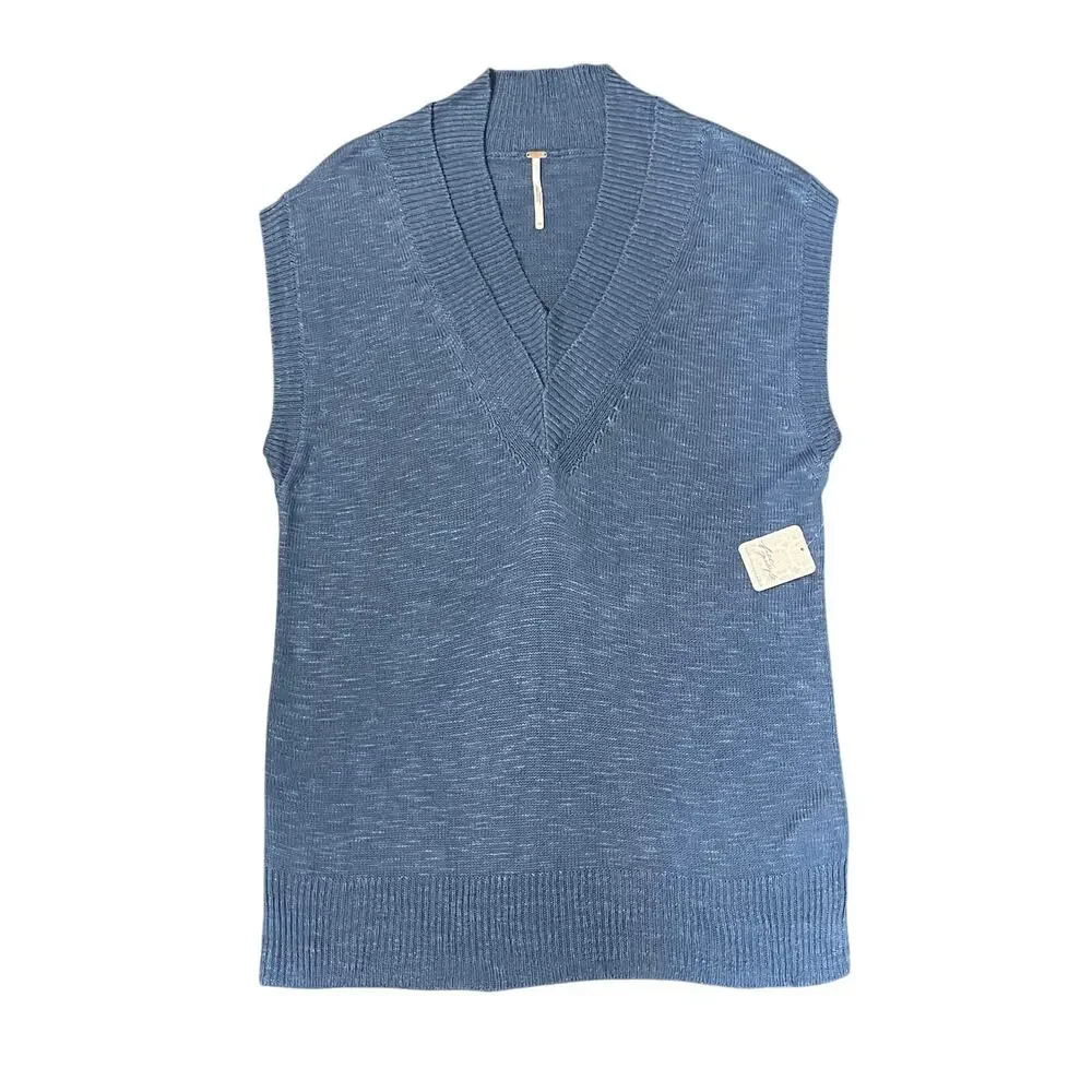 Free People Women’s Hannah Sweater Vest Oversized Double V-Neck Knit NWT Blue XS - Picture 5 of 13